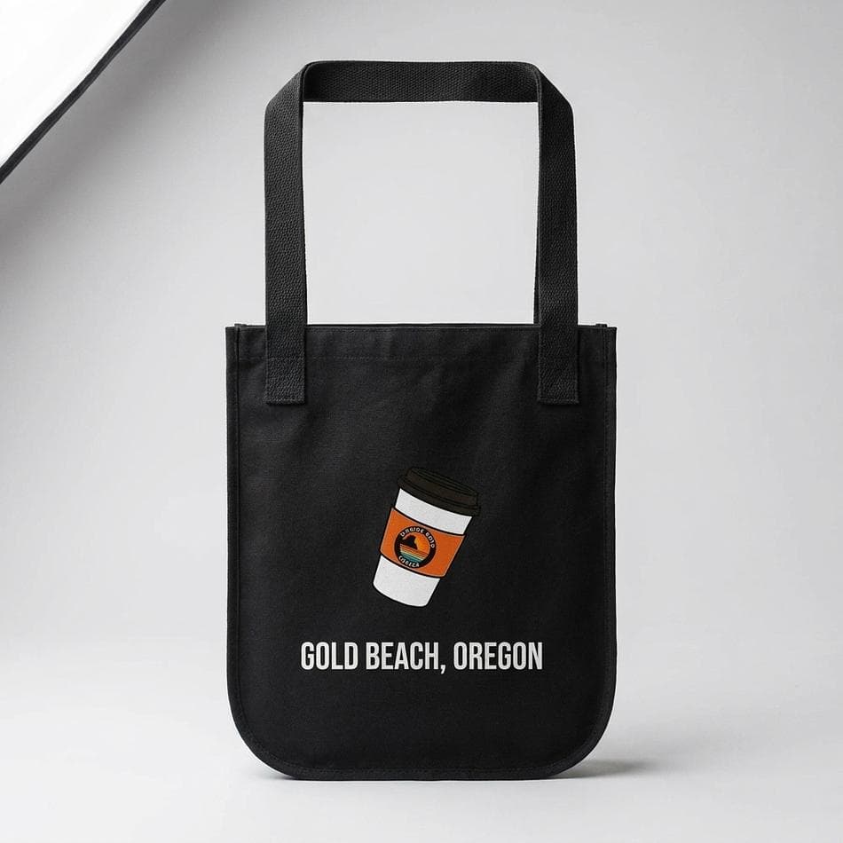 Organic Cotton Canvas Tote Bag, Gold Beach Oregon Coffee Cup Print, Reusable Market Shopper, 9 oz, One Size