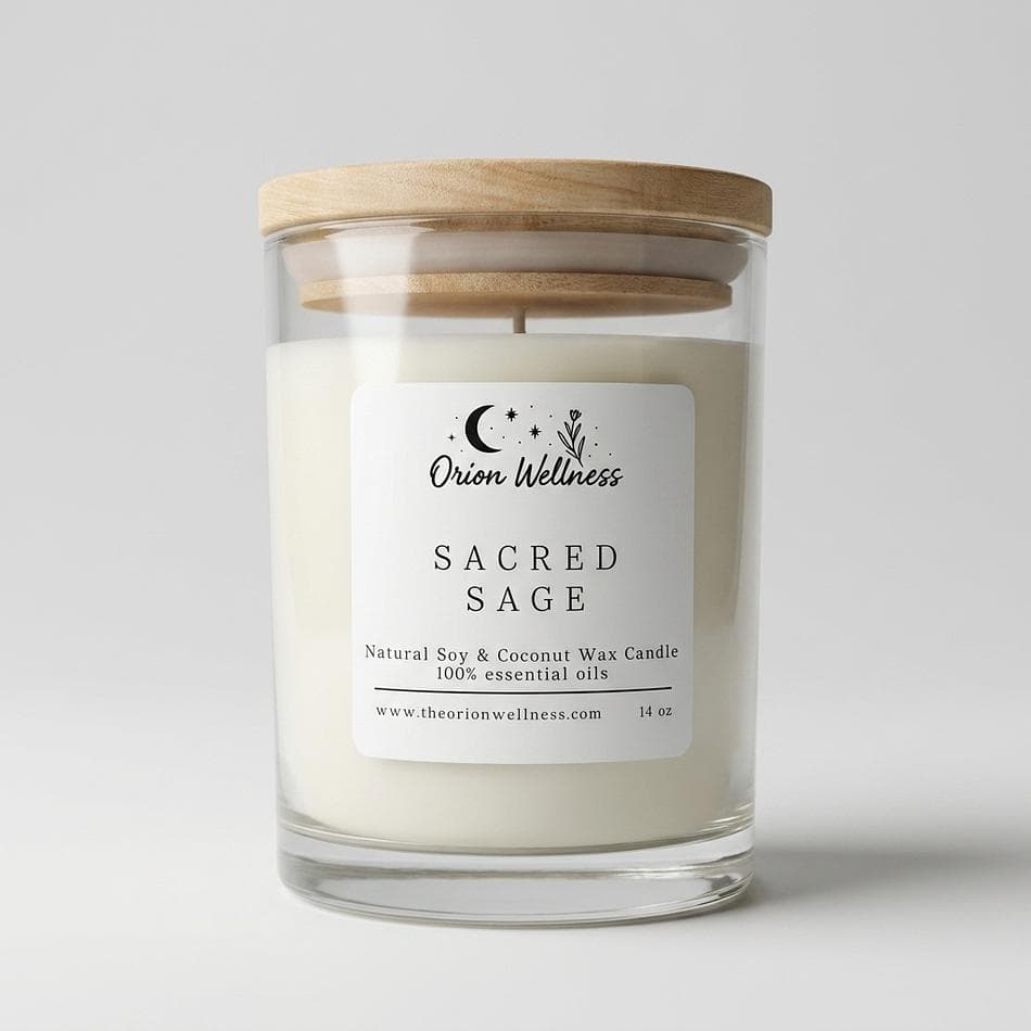 Essential Oil Candle, Soy + Coconut Wax, Clean-Burning Aromatherapy, 14 oz Jar, 50–70 Hr (Lemon Zest/Sage/Palo Santo)