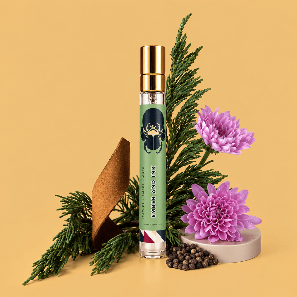EMBER & INK Travel Eau de Parfum Spray, Peppercorn Violet Pine & Leather, Smoky Woody Scent, 10ml Glass Bottle