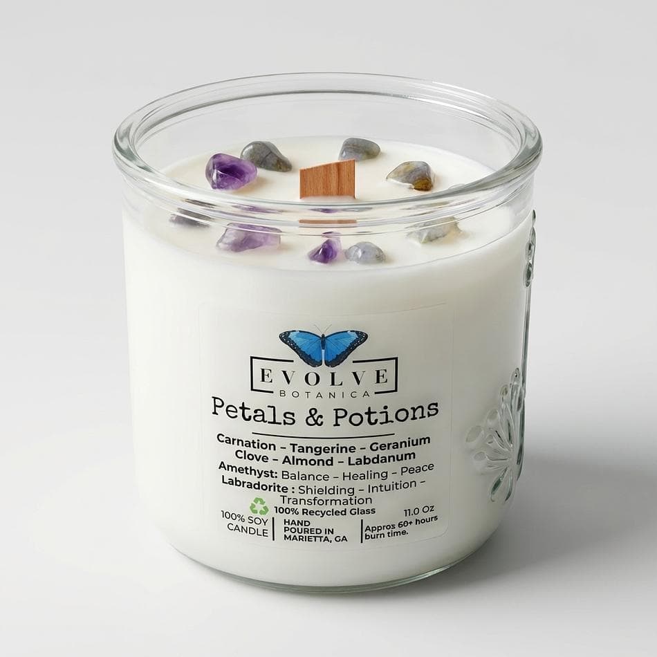 Gemstone Soy Candle, Amethyst & Labradorite, Crackling Wood Wick, Floral Spice Scent, 1 Candle