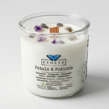 Gemstone Soy Candle, Amethyst & Labradorite, Crackling Wood Wick, Floral Spice Scent, 1 Candle