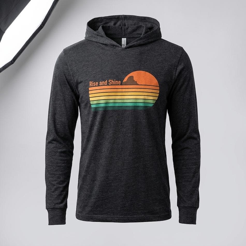 Lightweight Hooded Long Sleeve T-Shirt, Combed Ringspun Cotton, Retro Sunset Graphic, Regular Fit, XS–2XL