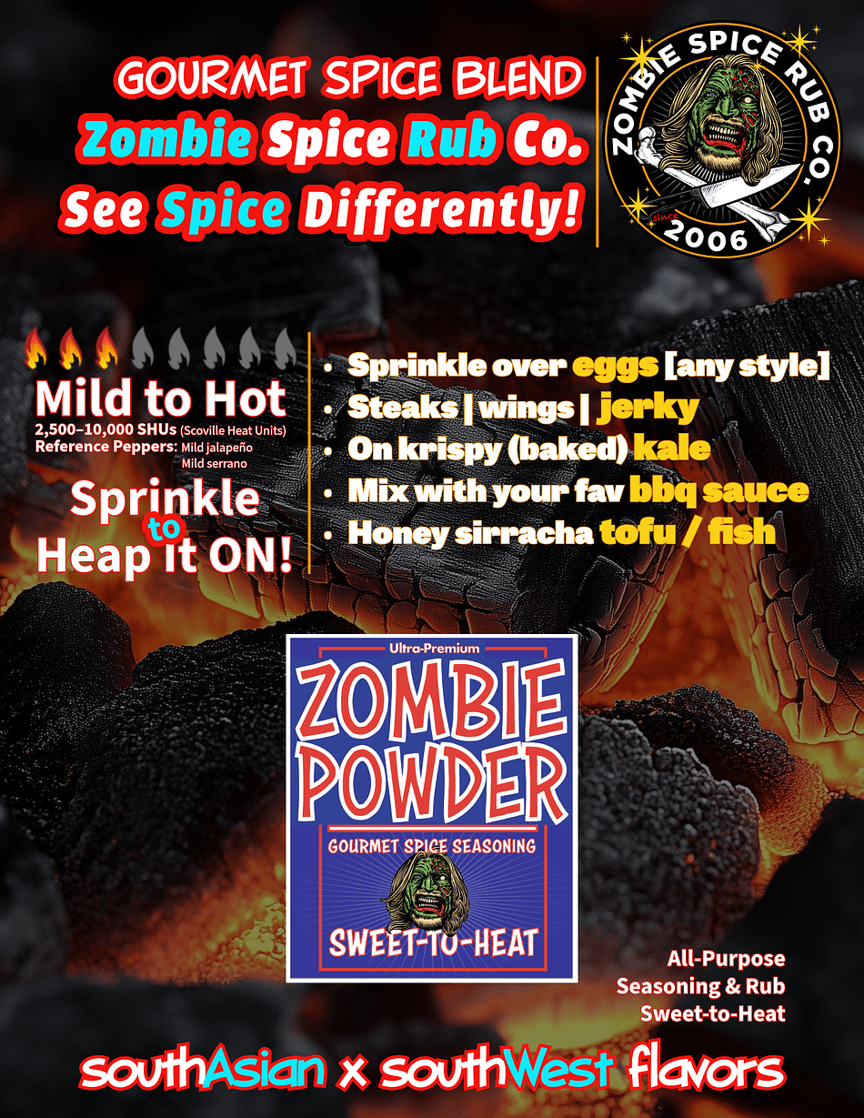 Zombie Spice Rub Co. | Zombie Powder - 4oz Glass Spice Jar | Sweet-to-Heat Flavor That Expands What You Season