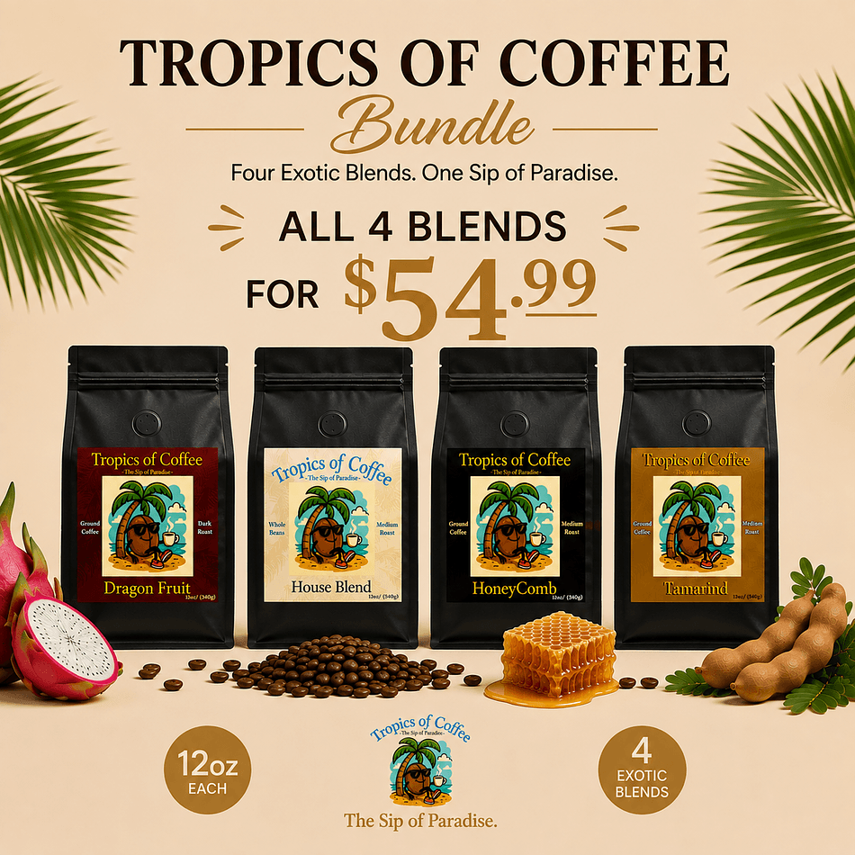 Coffee Variety Bundle, Tropical-Inspired Flavored Blends, Smooth Rich Roast, Multi-Bag. 12oz Bags with Degasser valve