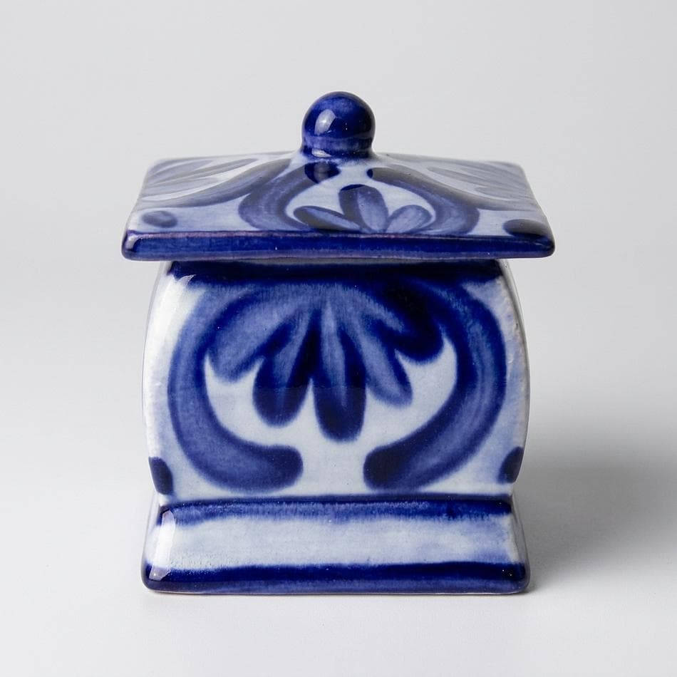 Talavera Ceramic Trinket Box Soy Candle, Cobalt Blue & White, Elderberry Nectar Scent, 2.4 oz, Lidded Keepsake Jar