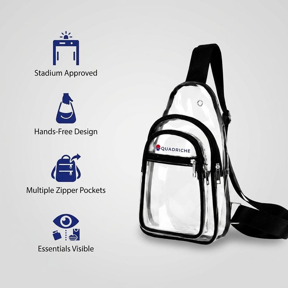Clear Stadium Crossbody Bag, Transparent PVC, Hands-Free Concert & Game Day, Multiple Zipper Pockets, Adjustable Strap, 12.2 x 7.1 x 2.7 in