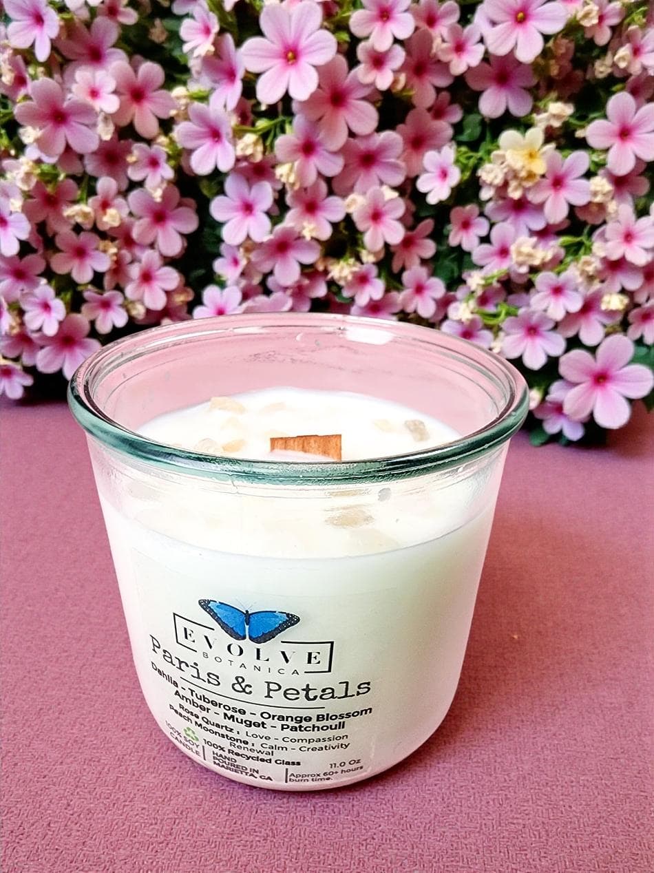 Wood Wick Soy Candle, Orange Blossom & Tuberose, Romantic Floral Scent, Rose Quartz + Peach Moonstone, 1 Candle