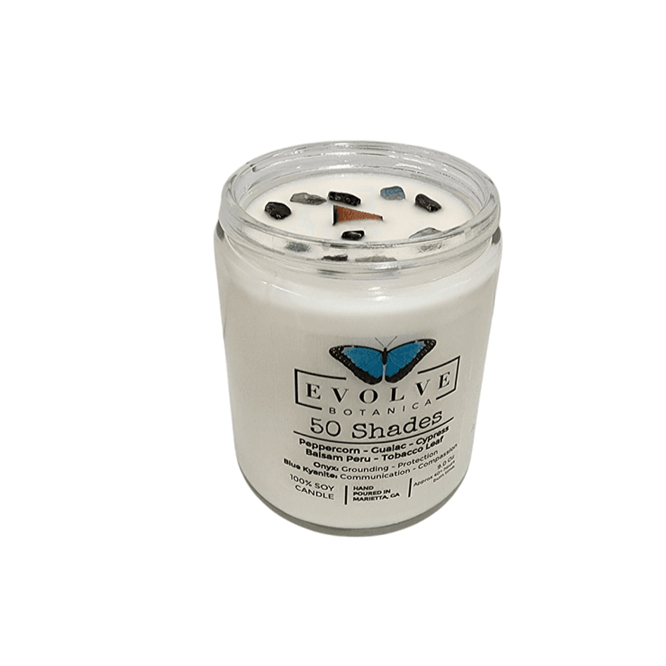 Crystal Soy Candle, Peppercorn Tobacco & Guaiac, Seductive Smoky Woods, 9oz Jam Jar, Onyx & Blue Kyanite, Wood Wick