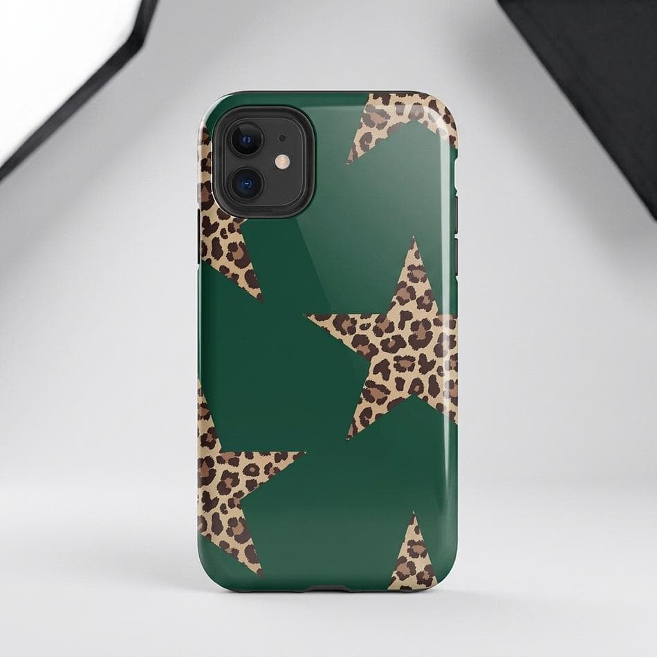 Dual-Layer iPhone Case, Green Leopard Star Print, Slim Shockproof Protection, Glossy/Matte, iPhone 11–17