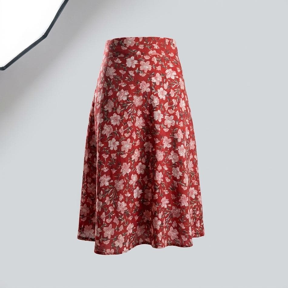 Hand Block Printed Wrap Skirt, Floral Red Midi, Adjustable Tie Waist, Lightweight One-Size Fit