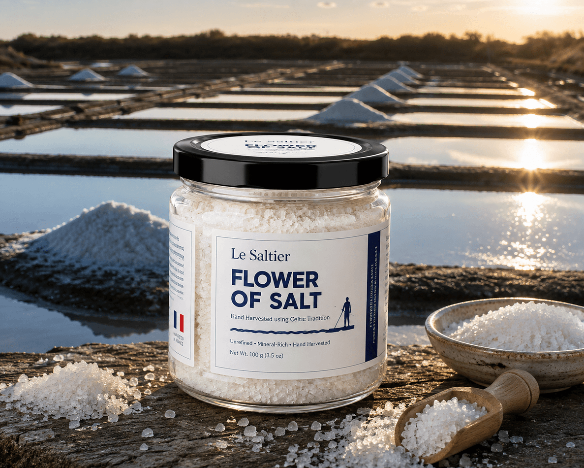 Fleur de Sel Finishing Sea Salt, Unrefined Celtic Flaky Crystals, Crisp Crunch & Mineral Flavor, 3.53oz/100g