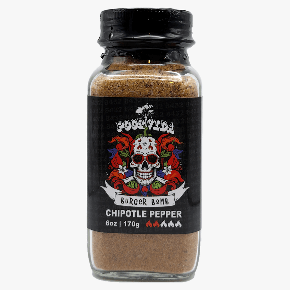 Burger Bomb Seasoning Blend, Chipotle Pepper, Garlic & Onion, Savory Umami Burger Rub, Mild Heat, 6 oz Glass Jar