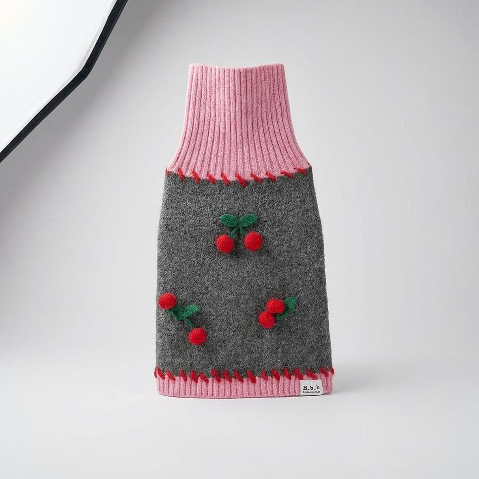 Dog Turtleneck Sweater, Wool Blend, Handmade Cherry Details, Cozy Warm Knit, Sizes XXS–XXL