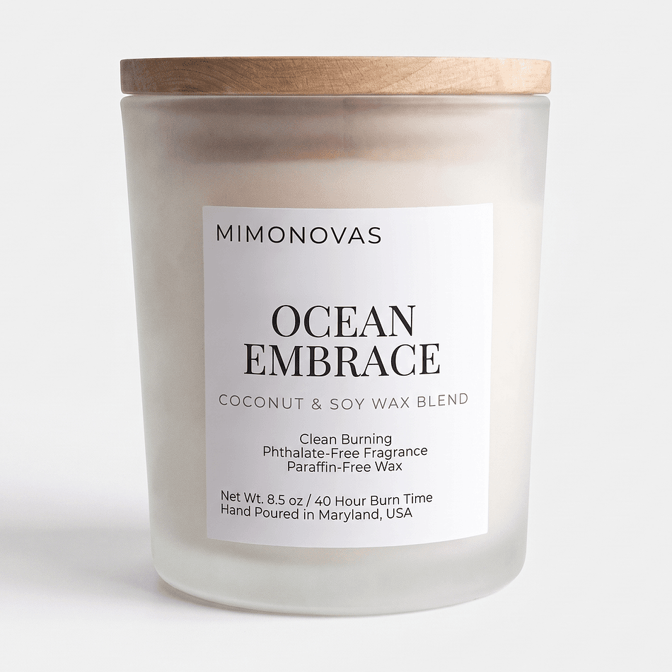 Luxury Scented Candle, Soy & Coconut Wax, Coastal Aquatic + Vanilla Woods, Frosted Glass Jar w/ Bamboo Lid, 8.5 oz