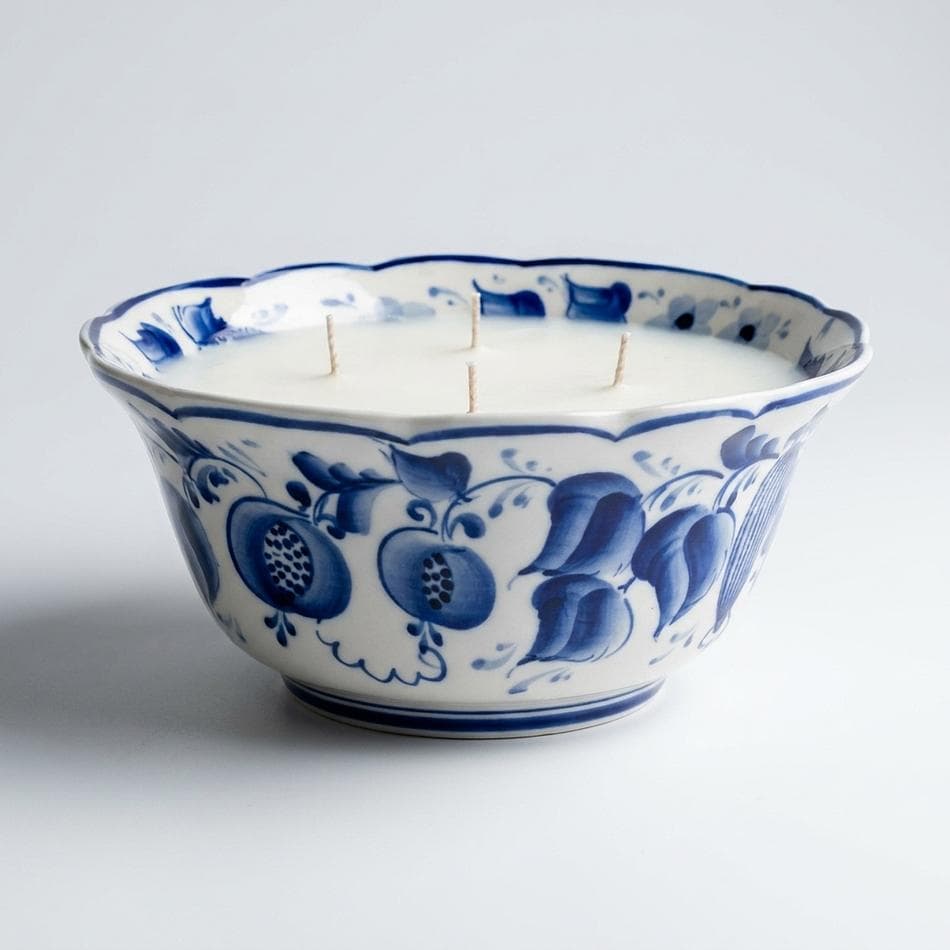 Hand-Painted Ceramic Bowl Soy Candle, Gzhel Blue Motif, Elderberry Nectar Scent, 19 oz, 4-Wick, Reusable Vessel