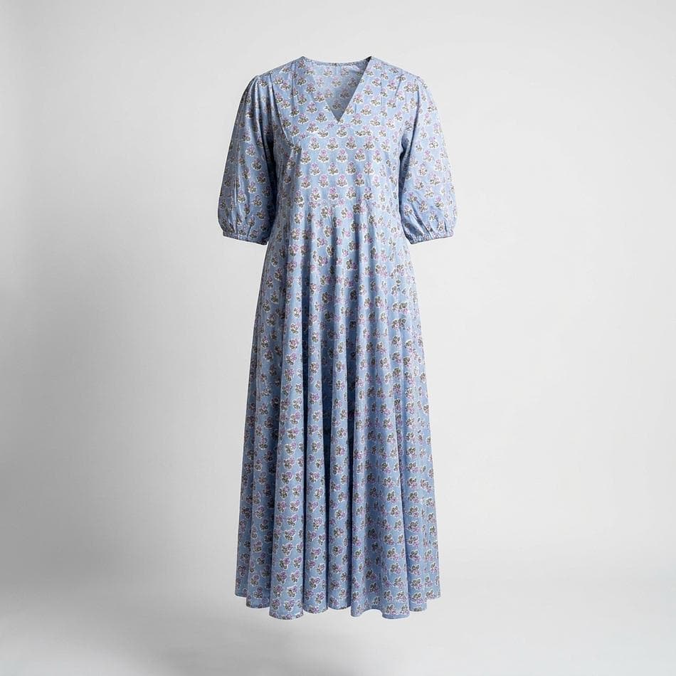 Hand Block Print Cotton Maxi Dress, Floral Lilac, Breathable Relaxed Fit, V-Neck, Hidden Back Zipper, Women’s