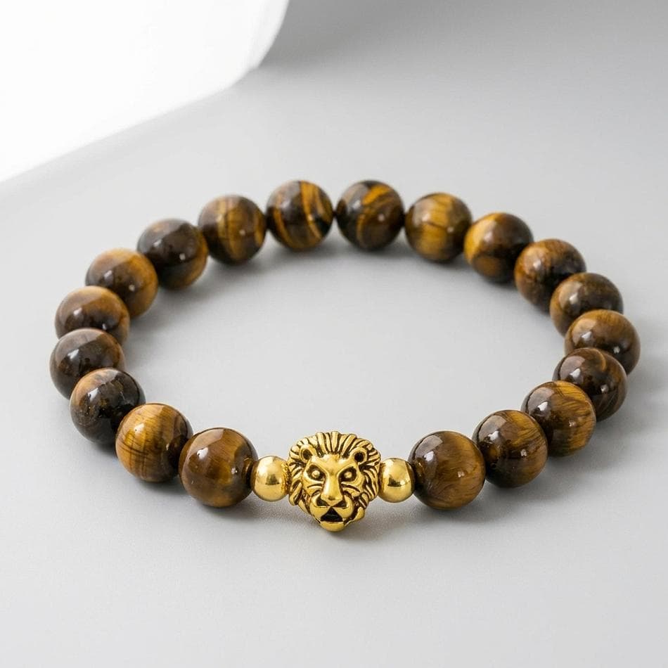 Men’s Tiger Eye Bead Bracelet, 10mm Natural Stone, Gold Lion Head Charm, Confidence & Protection, Stretch Elastic, 7.5–11 in
