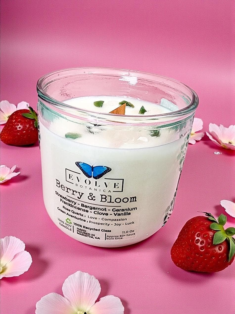 Soy Candle, Strawberry Bergamot & Vanilla, Wood Wick, Crystal-Infused (Green Aventurine + Rose Quartz), Recycled Glass Jar