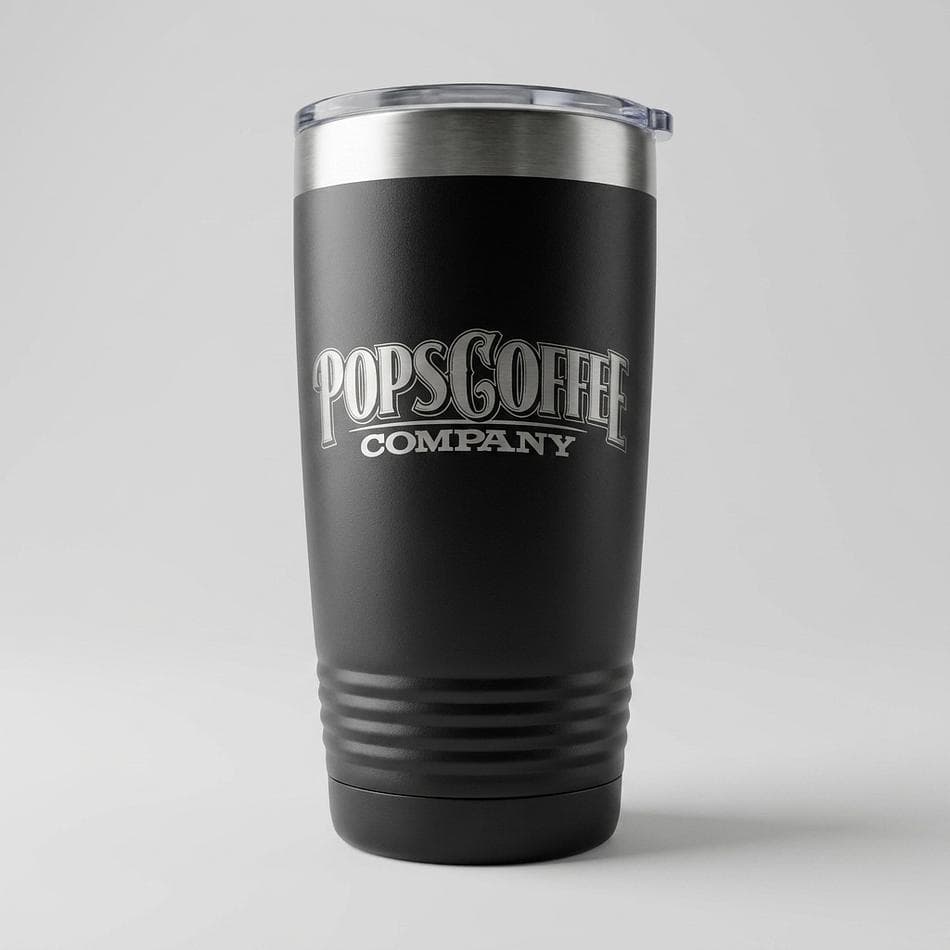 Vacuum Insulated Stainless Steel Tumbler, Laser-Etched Coffee Saying, Sweat-Free Travel Cup, 20 oz, Powder-Coated Black
