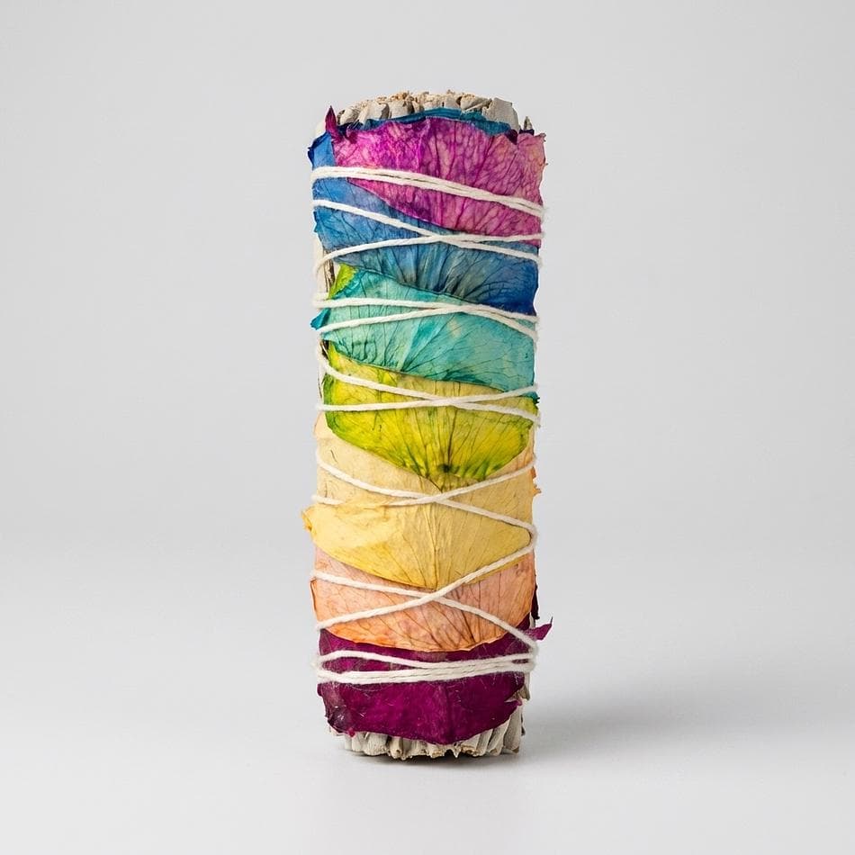 White Sage Smudge Stick, Rose Petals (Chakra Colors), Energy Cleansing, 4 Inch Bundle
