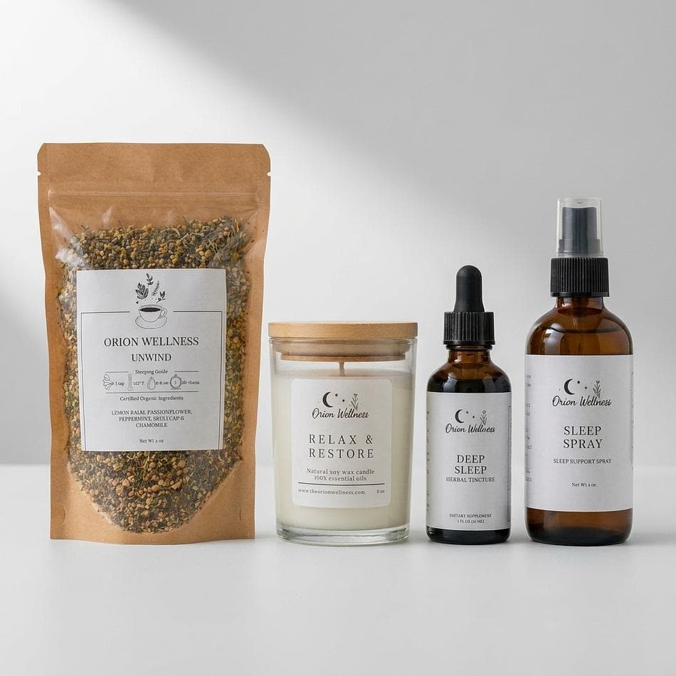 Sleep Ritual Gift Set, Herbal Tea + Sleep Tincture + Magnesium Spray + Candle, Nighttime Calm Routine, 4-Piece Bundle