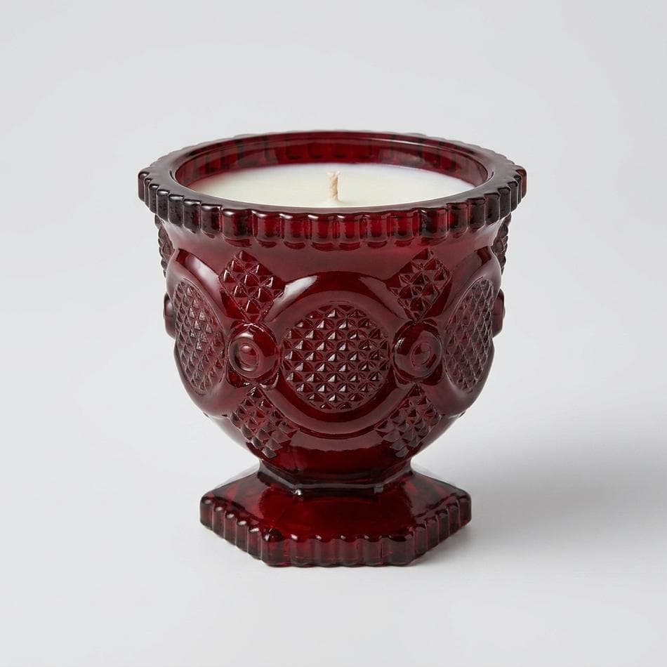 Vintage Pressed Glass Goblet Soy Candle, Egyptian Amber (Jasmine & Sandalwood), Clean Burn, 5 oz, Reusable Ruby Vessel