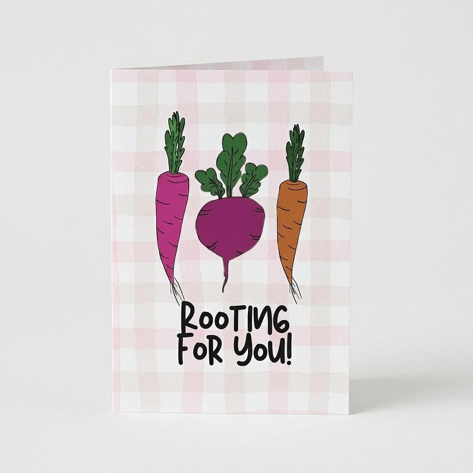 Plant Pun Encouragement Greeting Card, Recycled Paper, “Rooting For You”, Blank Inside, A2 Folded, Envelope Included