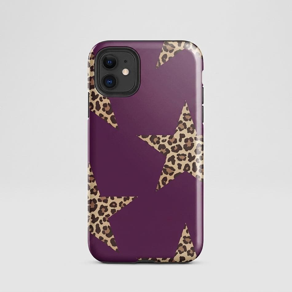 Dual Layer iPhone Case, Polycarbonate + TPU, Purple Cheetah Star Print, Shock Absorbing Slim Cover, Glossy/Matte