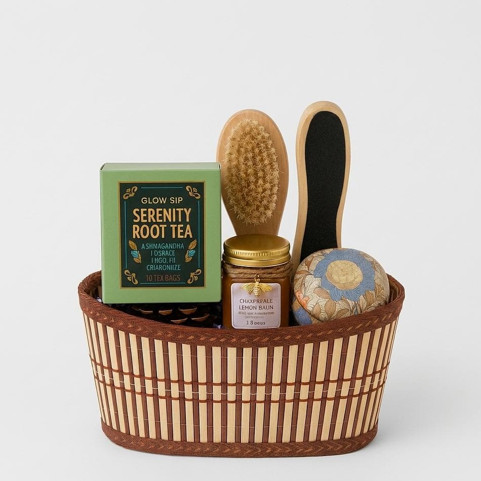 Relaxation Tea Gift Basket, Calming Herbal Tea & Self-Care Items, Mindfulness Wellness Set, Ready-to-Gift, 1 Basket