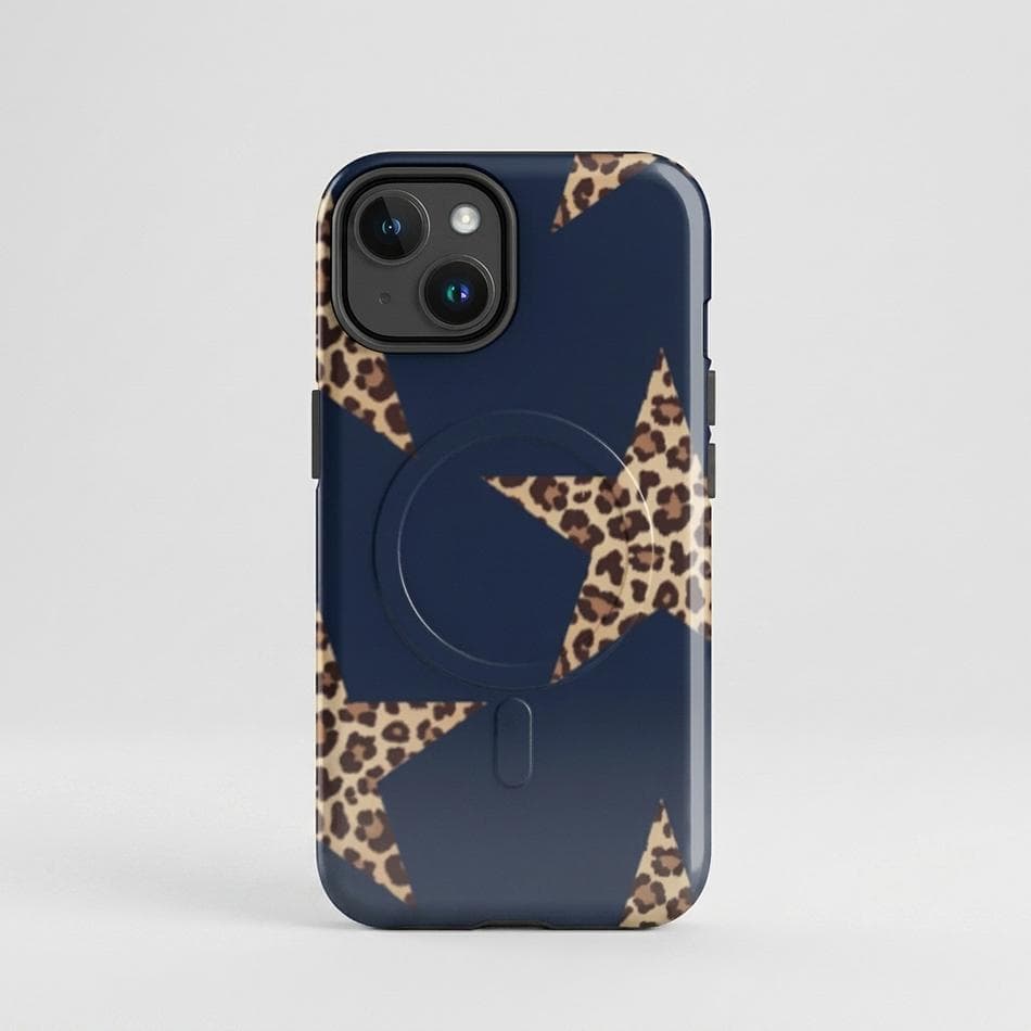 MagSafe iPhone Case, Polycarbonate + TPU Dual Layer, Navy Leopard Star Print, Drop Protection, Matte/Gloss, iPhone 14–17