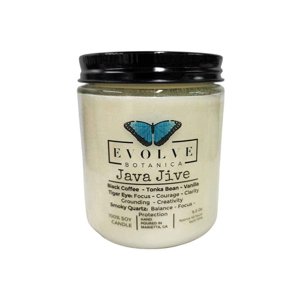 Coffee Soy Candle, Black Coffee Tonka Vanilla, Crackling Wood Wick, Tiger Eye & Smoky Quartz, 9oz Jar (40hr)