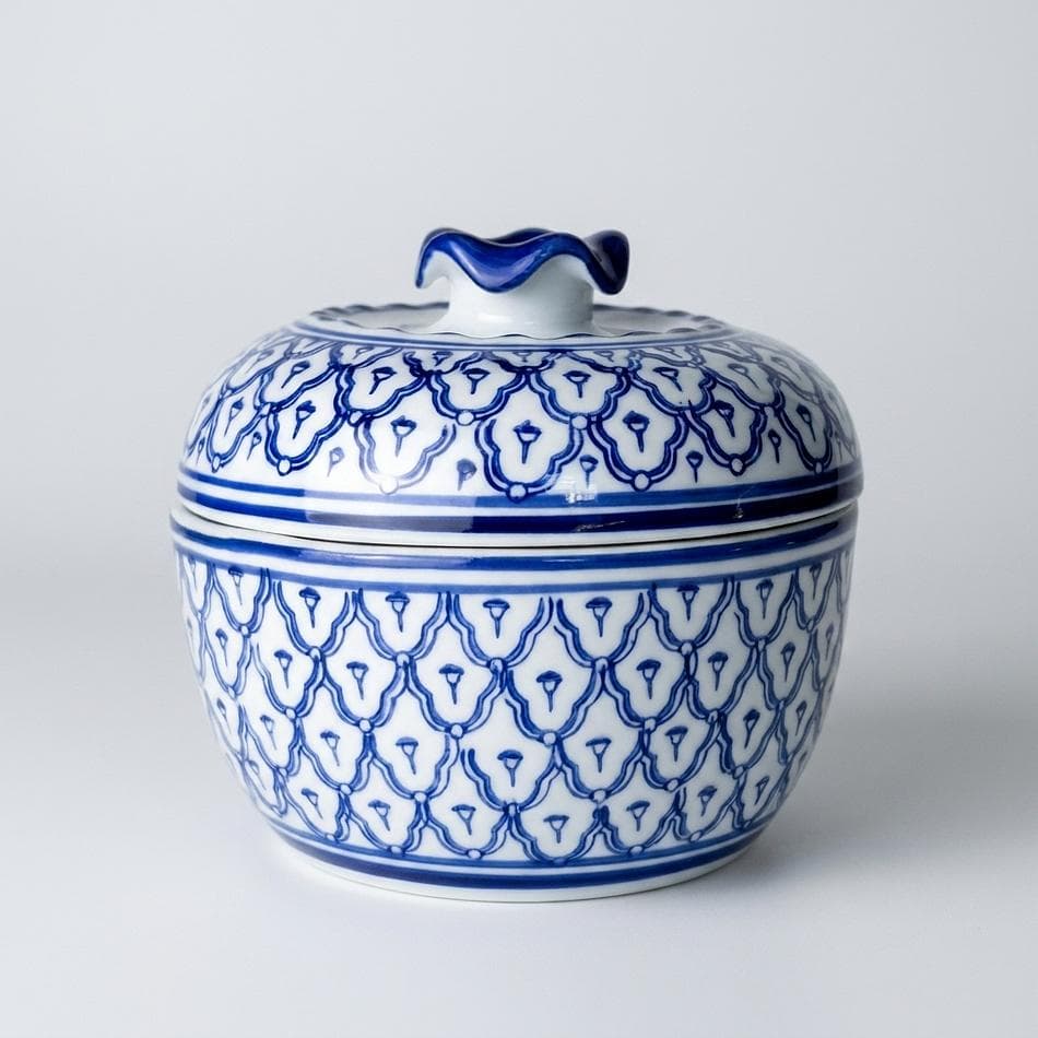 Triple-Wick Soy Candle, Blue & White Ceramic Bowl, Sea Salt & Orchid Scent, 13 oz Reusable Lidded Serving Bowl