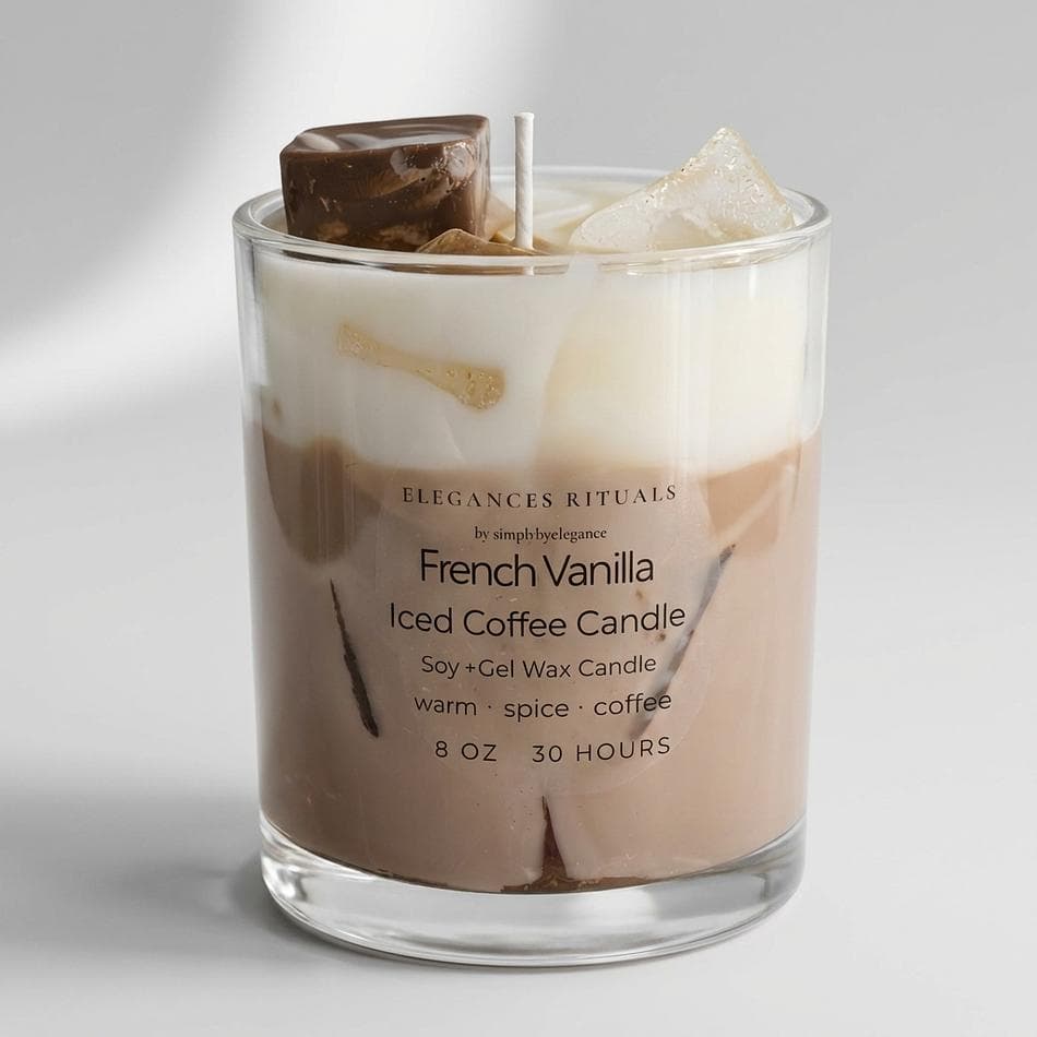 Iced Coffee Candle, Vanilla Cream & Coffee Notes, Soy + Gel Wax, Cozy Café Aroma, 8 oz Jar, 30 Hr Burn