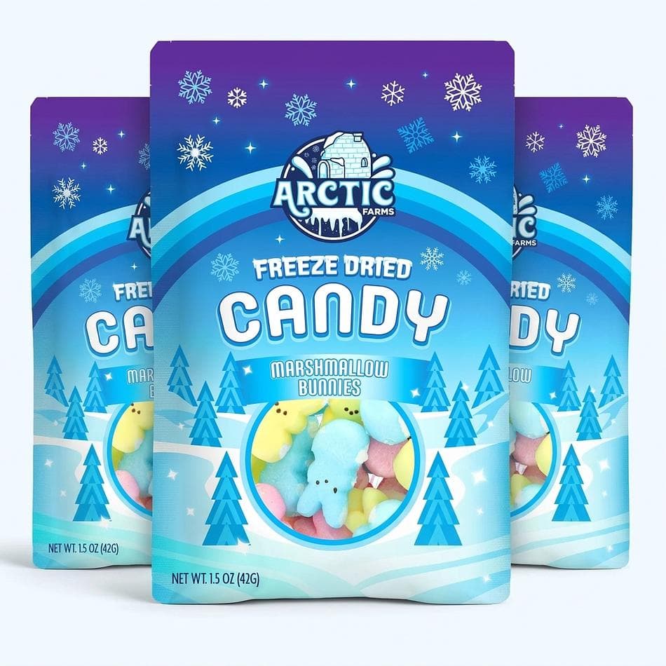 Freeze-Dried Marshmallow Bunny Candy, Sugar & Corn Syrup, Crunchy Easter Treat, Pink Yellow Blue Mix, 6 ct 1.5 oz Bag