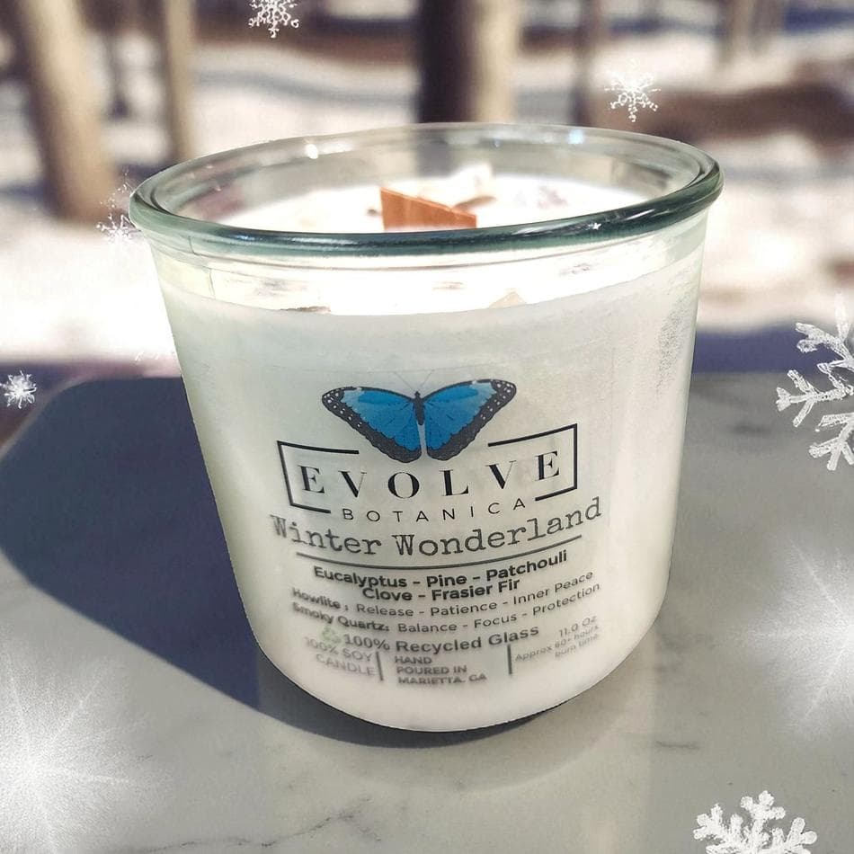 Soy Wood Wick Candle, Eucalyptus Pine & Clove, Clean Winter Scent, 11 oz Recycled Glass, Howlite & Smoky Quartz