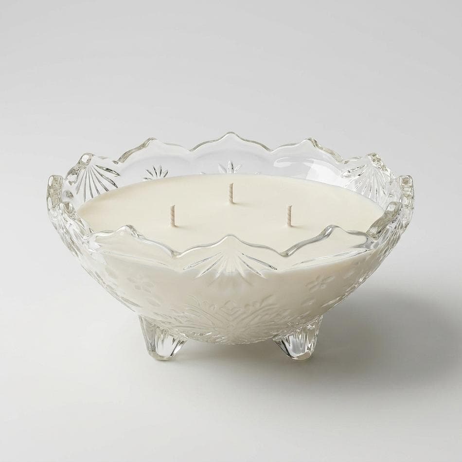 Vintage Mikasa Pressed Glass Bowl Soy Candle, Bourbon Fig & Pear, 3-Wick Clean Burn, 10.35 oz