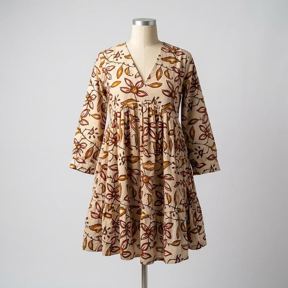 Hand Block Printed Cotton Midi Dress, Madder Root & Harda Dye, Breezy Empire Waist V-Neck, Bracelet Sleeve, Knee Length