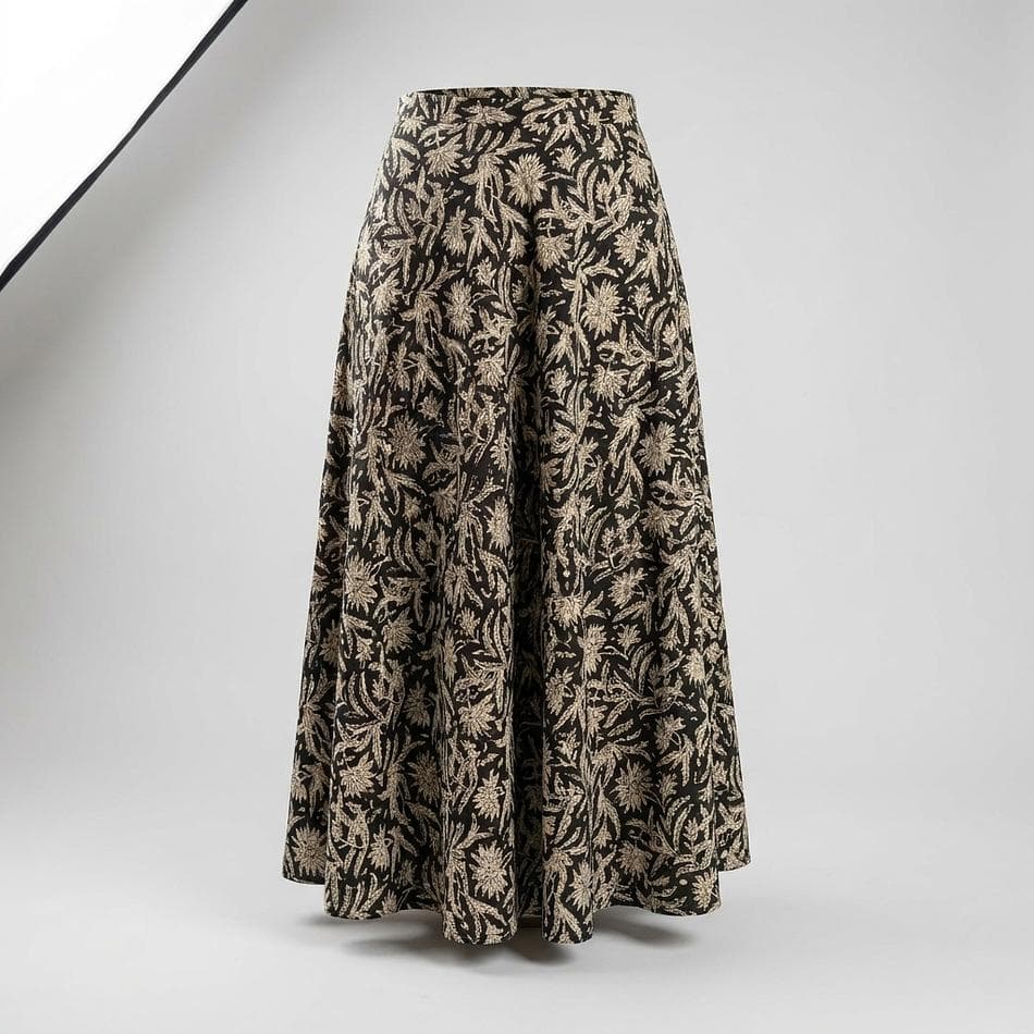 Cotton Block Print Maxi Wrap Skirt, Charcoal & Cream Floral, Adjustable Tie Waist, One Size