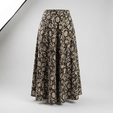 Cotton Block Print Maxi Wrap Skirt, Charcoal & Cream Floral, Adjustable Tie Waist, One Size