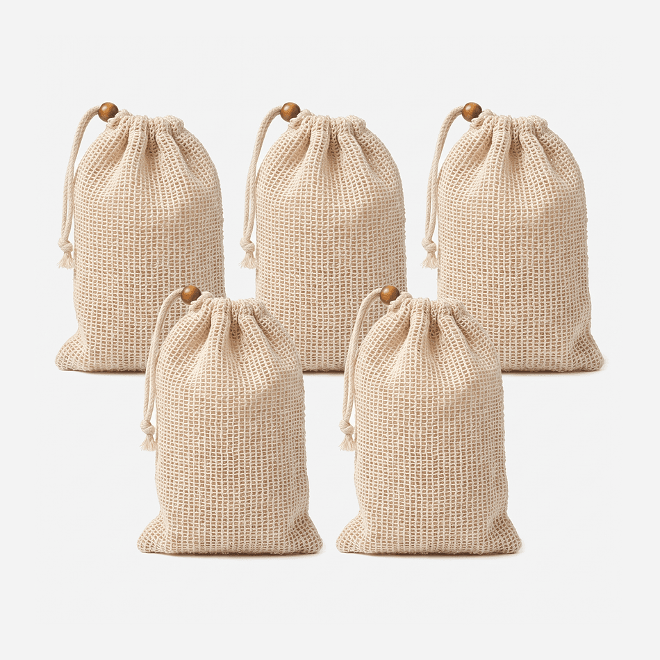 Sisal Soap Saver Pouch, Natural Plant Fiber Exfoliating Bag, Gentle Body Scrub, Drawstring Hanging, 5-Pack