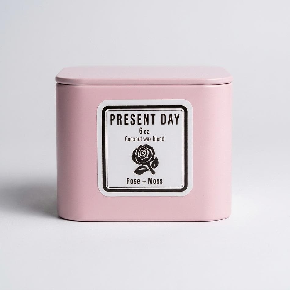 Rose & Moss Scented Candle, Coconut Wax Blend, Fresh Rose + Basil + Grapefruit, Pink Gift Tin, 6 oz, Up to 30 Hours
