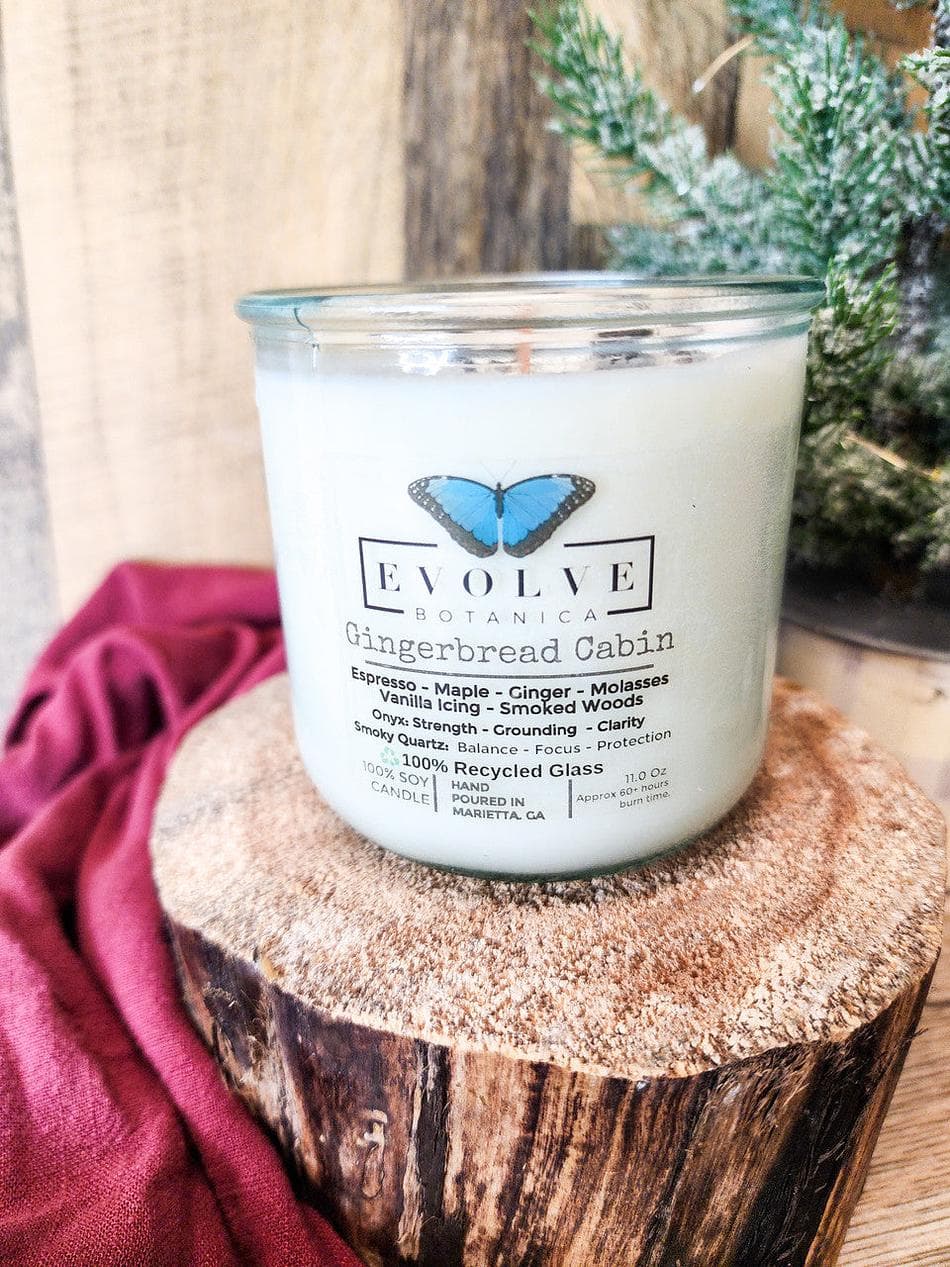 Gemstone Soy Candle, Onyx & Smoky Quartz, Gingerbread Cabin Scent, Crackling Wood Wick, Recycled Glass Jar
