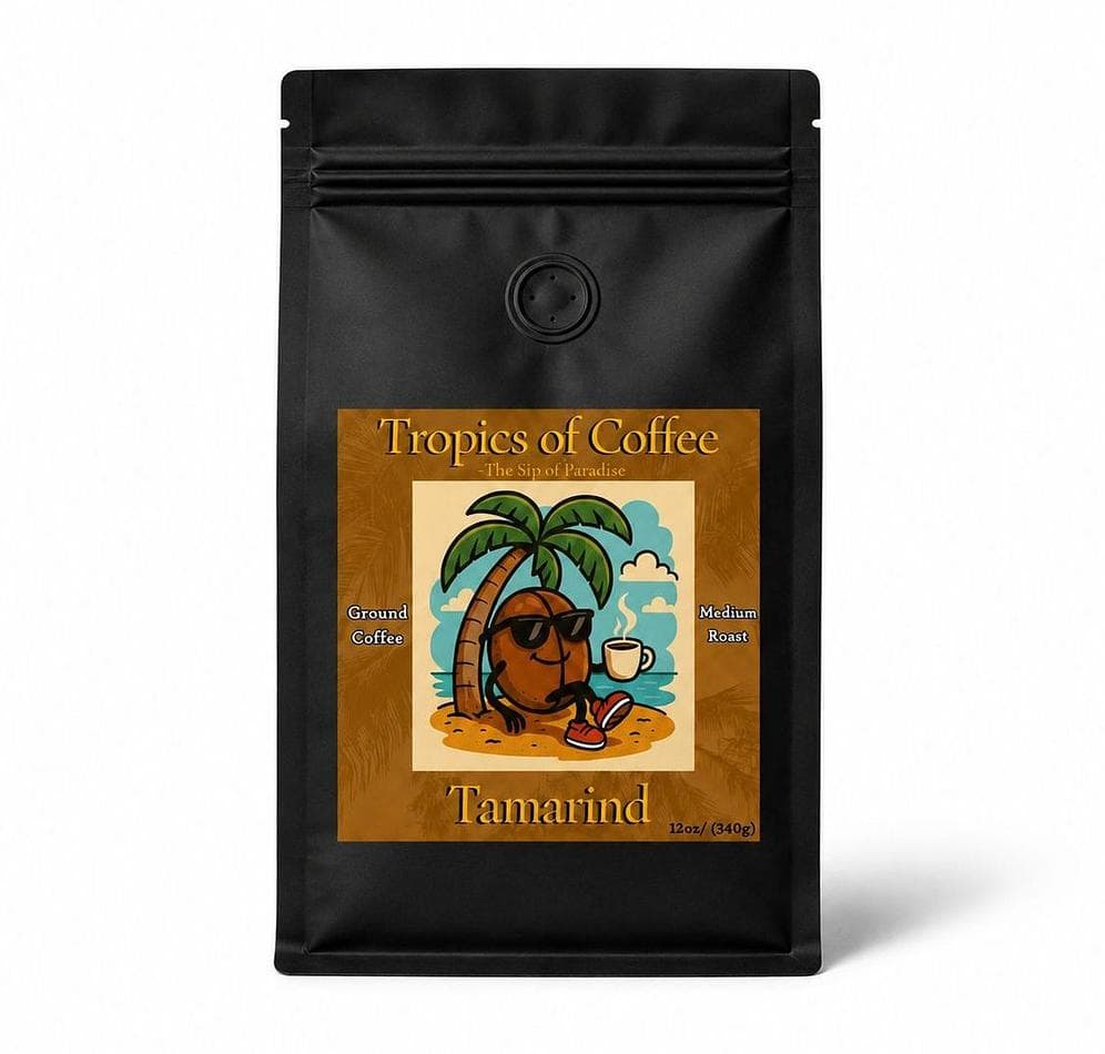 Premium Tamarind Flavored Ground Coffee, Medium Roast, Fruit-Forward Blend, 12 oz  bag with resealable pouch and degasser valve