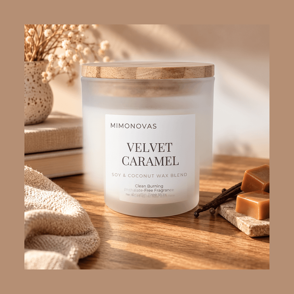 Scented Candle, Caramel, Vanilla & Soft Woods, Cozy Warm Gourmand, Soy Coconut Wax, Frosted Glass, 8.5 oz