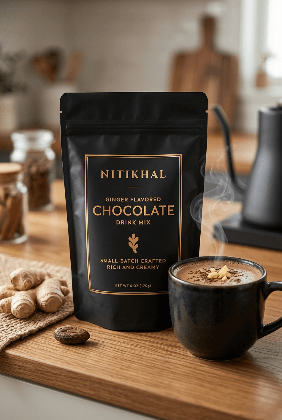 Ginger Hot Chocolate Drink Mix, Cocoa & Real Ginger Root, Warm Spicy Flavor, Creamy Instant Powder, 1 Bag