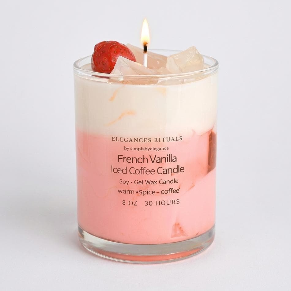 Soy Iced Coffee Candle, Strawberry & French Vanilla, Sweet Coffee Scent, Gel Wax Ice Cubes, 8 oz Jar