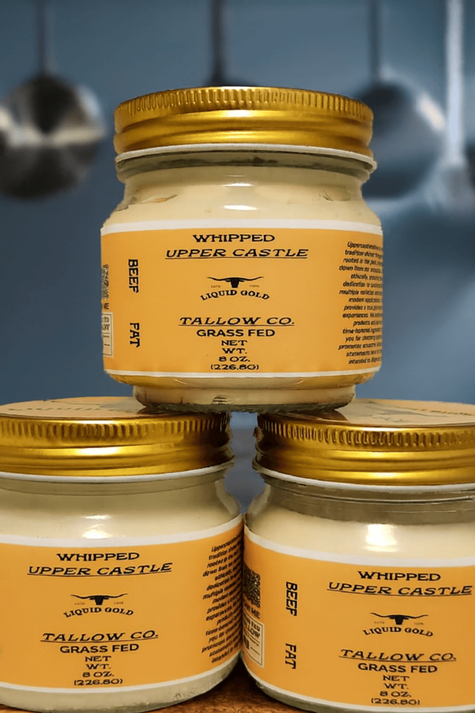 Whipped Beef Tallow (100% Grass-Fed), High-Heat Cooking & Cast Iron Seasoning, 3-Pack 8 oz Jars (24 oz)
