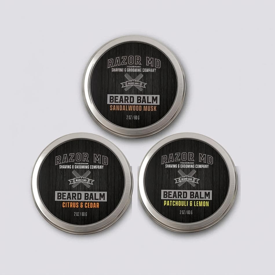 Beard Balm Set, 3 Scents (Citrus Cedar, Patchouli Lemon, Sandalwood Musk), Medium Hold, 2 oz Tins, 3-Pack (6 oz)