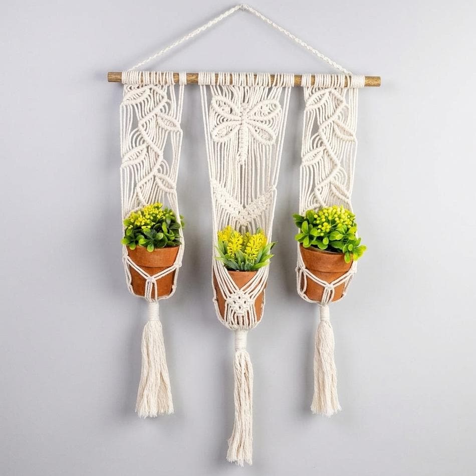 Triple Macrame Plant Hanger, Natural Cotton, Wall Mounted 3-Pot Display for Small Planters, 26x13 in
