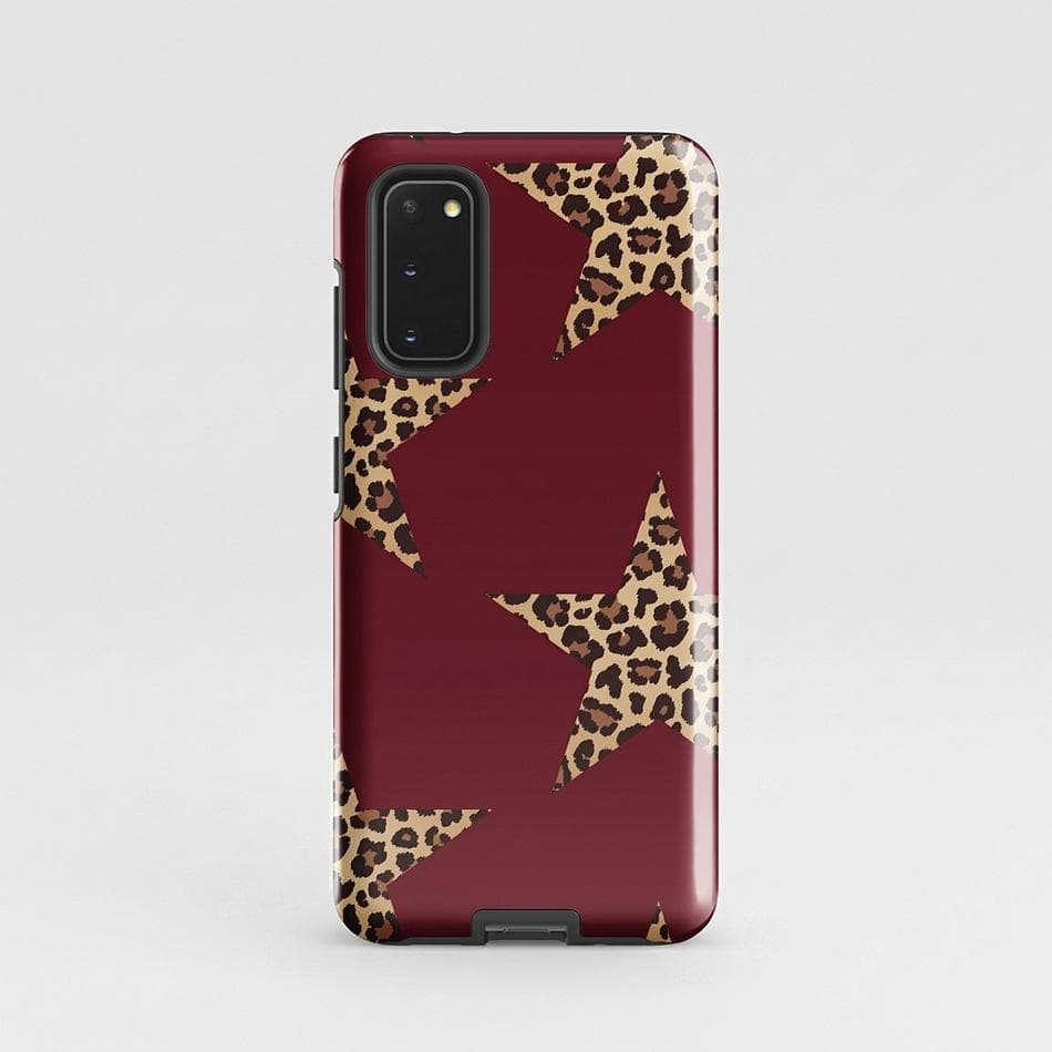 Dual-Layer Samsung Galaxy Case, Burgundy Leopard Star Print, TPU + Polycarbonate, Y2K Style, Glossy/Matte